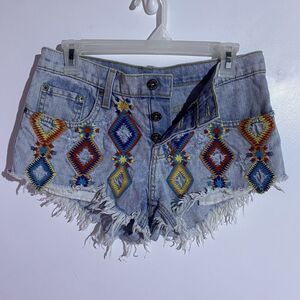 Carmar Jean Shorts 27 Embroidered Tribal Festival Boho Diamond Cutoff Button Fly